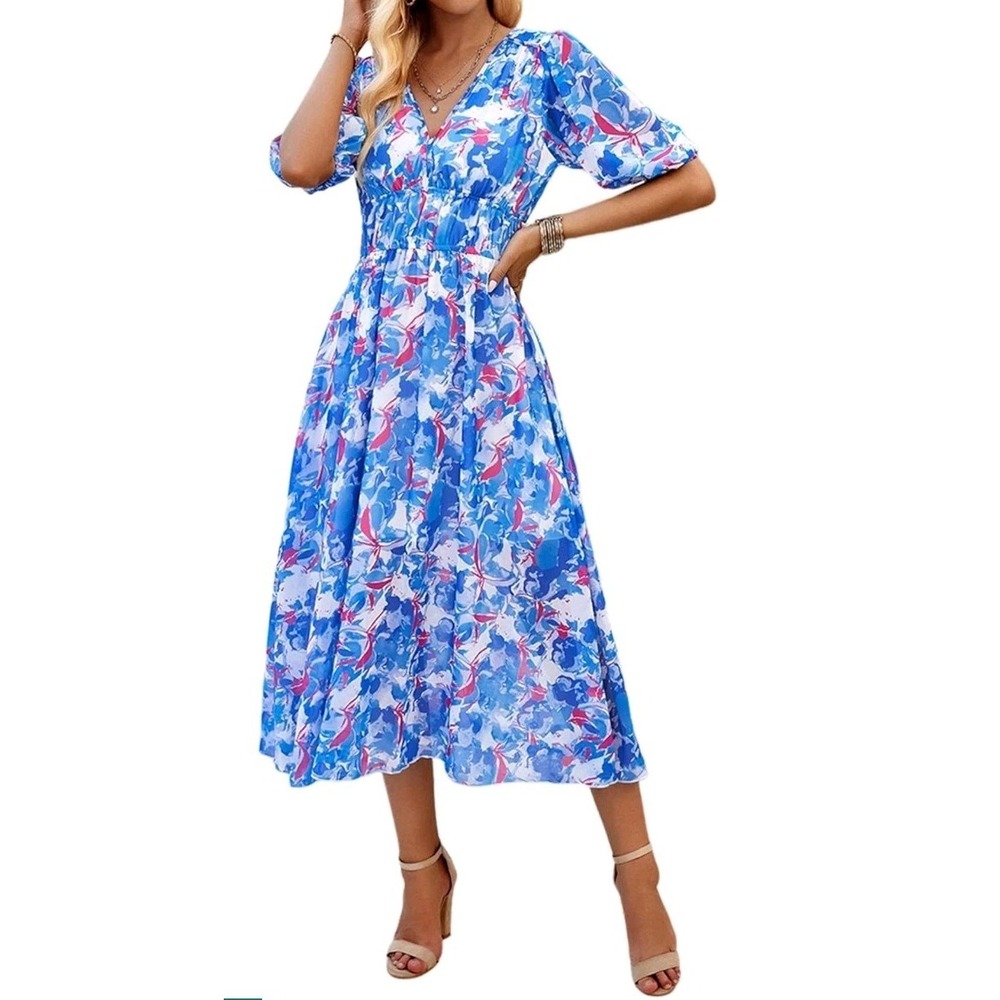 UEAL Womens Floral Wrap V Neck Midi Dress Blue Short Sleeve Elastic Waist Small
